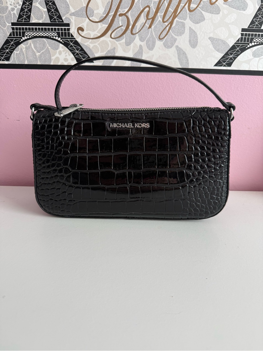 Michael Kors Black Croc-Embossed Mini Top-Handle Bag - Picture 1 of 7